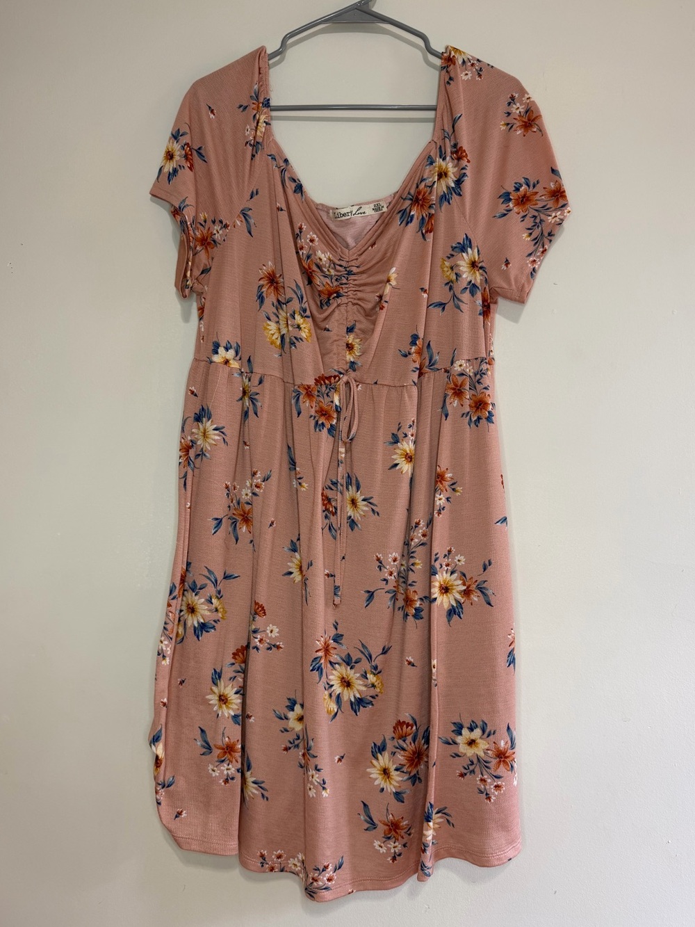 Women's Pink Floral Midi Dress with Tie-Front Waist
